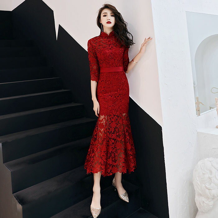 カラードレス ロング パーティードレス 演奏会 aライン 結婚式 イブニングドレス 二次会 花嫁 発表会 袖あり フォーマルドレス 披露宴 マーメイドドレス ロングドレス 赤