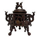 銅製 八角香炉 銅製 獅子蓋付き香炉 W11.5cm×H17cm 大明宣徳年製 刻印有 【中古】 12506K238