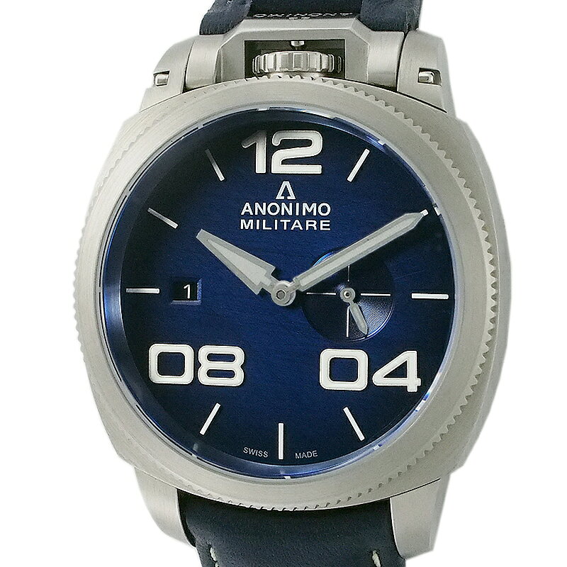 詳細：アノーニモ ANONIMO ミリターレ ブルー SS 自動巻 AM.1020.01.003ブランド：ANONIMO(アノーニモ)型番：AM.1020.01.003製造年：不明素材：SSフェイス カラー：ブルーケース サイズ：43mm(リューズ含まず)ケース厚：13mm腕回り：最小 約15.3cm 最大 約20cm(純正バンド・純正尾錠)バンド カラー：ネイビーブルー(革)バンド 最大幅：22mm重量：129g(バンド込み)駆動：自動巻き付属品：なし※付属品は写真に写っているものが全てとなります。備考：深みのあるブルーダイヤルは落ち着きと高級感を演出し、力強いケースデザインとの組み合わせによって、ミリタリーウォッチならではの男らしさを際立たせています。ケース全体・尾錠に微細な傷がございますが、視認性に問題はございません。6ヶ月保証付。※保証の対象はムーブメントの自然故障のみとなります。※防水性能に関しましては年々劣化いたしますので、時計に水が入ったという内容の修理に関しましては、ダイバーズウォッチであっても保証対象外となる場合もあります。 ■ 状態： 中古品A