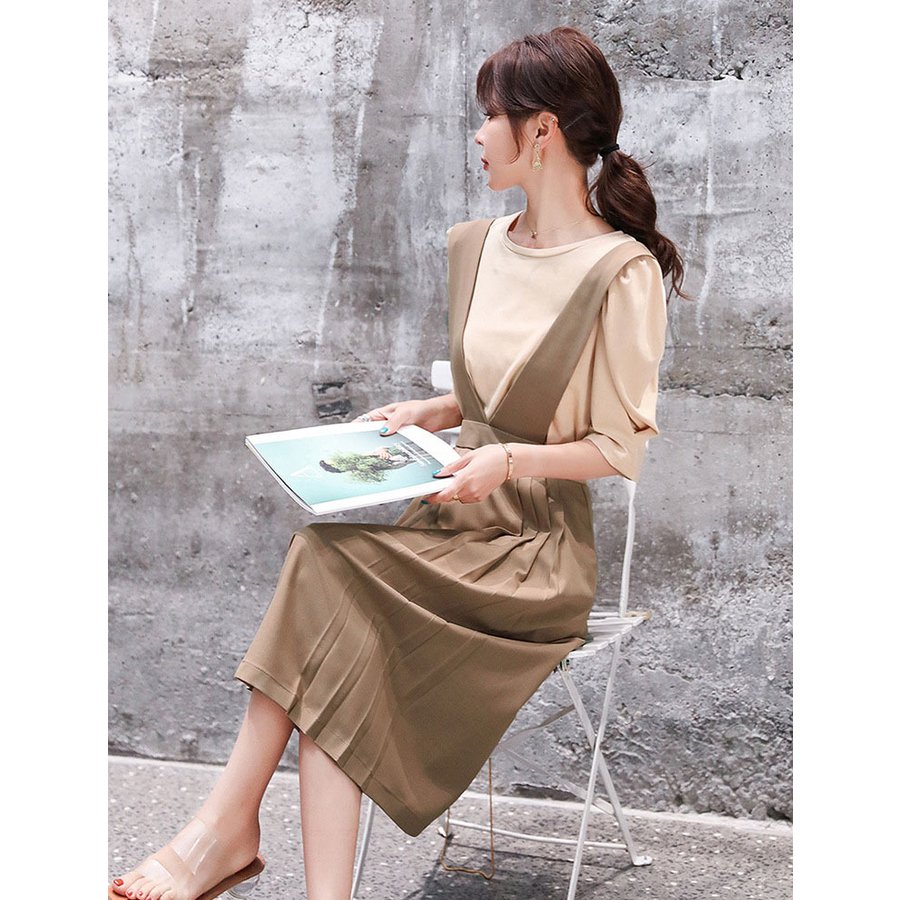 セットアップ レディース 夏 半袖 2点セット カジュアル 半袖Tシャツ ジャンパースカート タンクワンピース ロング 韓国風 サロペット 大きいサイズ 40代