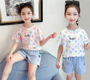 子供服 セットアップ キッズ 女の子 半袖 2点セット 上下セット Tシャツ デニム ショートパンツ おしゃれ カジュアル 涼しい 可愛い 新品 ホワイトデー