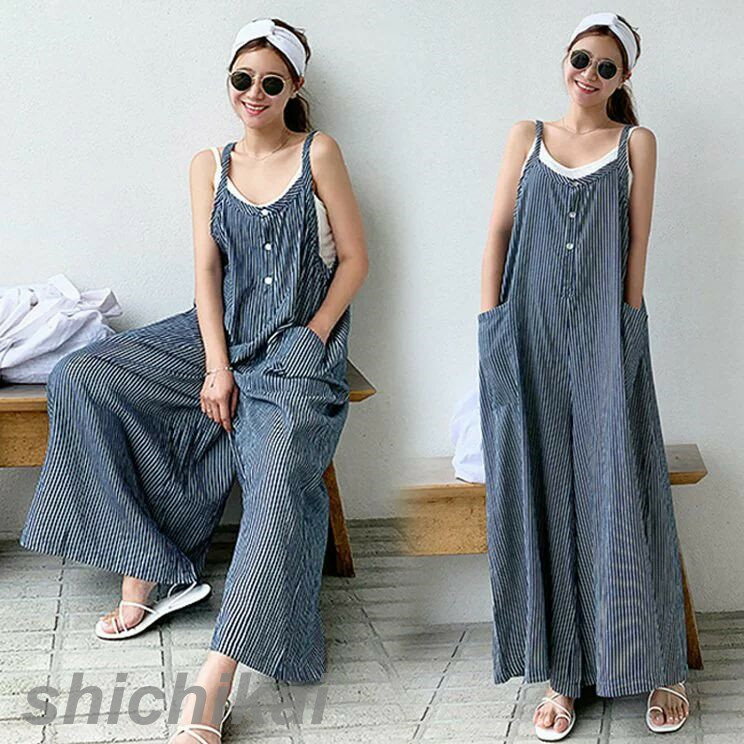 サロペット オーバーオール パンツ レディース ロング丈 ワイドパンツ 春夏 新作 ロングズボン ボーダー柄 大きいサイズ オシャレ ボトムス 着痩せ マキシ丈 ノースリーブ 素敵 着心地いい 肌触りいい シンプル 通気性 柔らか カジュアル風 THOM WILLS