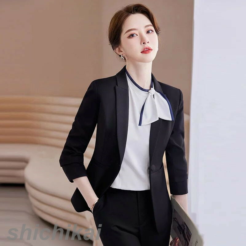 3点セットエステティック サロンウェア リラクゼーション クリニック キャリアスーツ女性長袖秋冬ブラックスーツ正装OL制服 ファンクショナルビューティー大きいサイズ スカートジュエリーホテルフロント作業服 人気 エ THOM WILLS