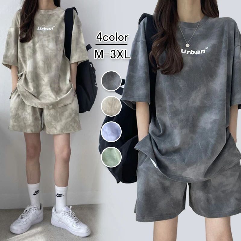 新作 夏 半袖 可愛い セットアップ ルームウェア セット 2点セット レディース アップ カジュアル スウェットパーカー 染め スポーツウ