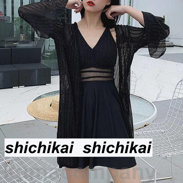 レディース 水着 2点セット ワンピース カーディガン 羽織 ガウン おしゃれ スイムウェア シアー 体型カバー クラシカル エレガント リゾート 海 プール 夏 フェミニン きれいめ 大人 可愛い ブラック 黒 20代 30代 40代