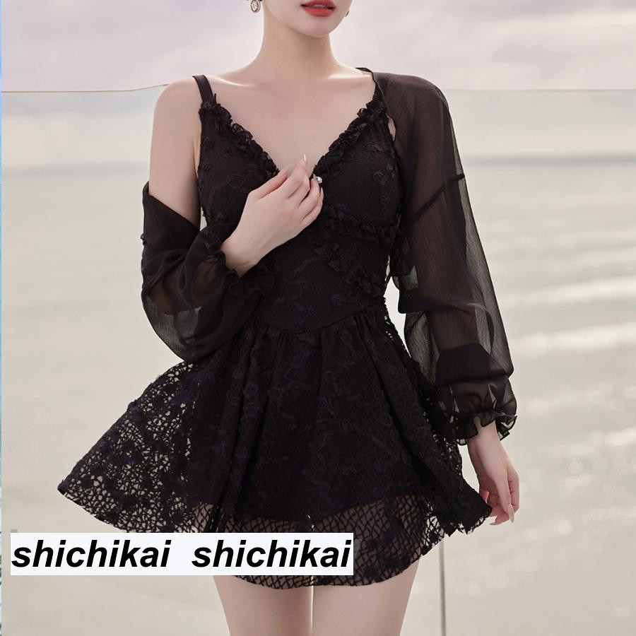 夏 水着 レディース ワンピース オールインワン ボレロ 2点セット 体型カバー 2way 花柄 レース 羽織り おしゃれ かわいい 黒 白 透け