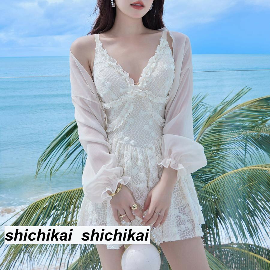 夏 水着 レディース ワンピース オールインワン ボレロ 2点セット 体型カバー 2way 花柄 レース 羽織り おしゃれ かわいい 黒 白 透け