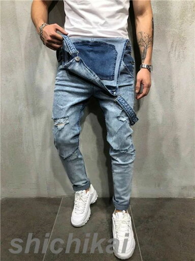 短納期 メンズ ダメージ サロペットパンツ デニム スキニー オーバーオール ロング丈 スリムフィット ストリート ペンシルパンツTHOM WILLS