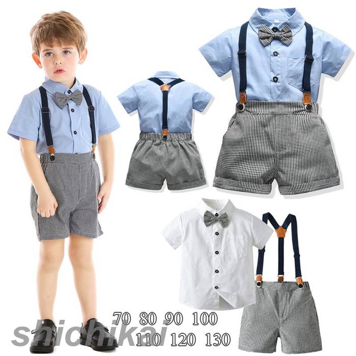 子供 キッズ フォーマル 半袖 スーツ ブレザー 男の子 ベビー服 3点セット シャツ/ベルト/パンツ 卒園式 入園式 七五三 お宮参り スーツ 蝶ネクタイ付き 千鳥格子 ショットパンツ タキシード風 結婚式 お食い始め