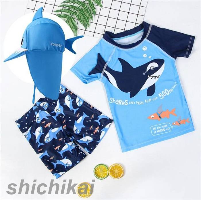 ベビー 水着 超可愛い 3点セット キャンプ付き 上下セット　可愛い柄 子供 水着 男の子 キッズ　水着 幼児 スイムウェア 速乾 kids 男児 水着 旅行 紫外線対策 プール 海 水遊び ブルー 70cm 80cm