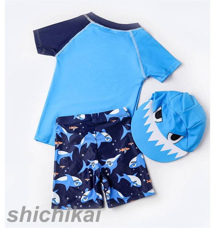 ベビー 水着 超可愛い 3点セット キャンプ付き 上下セット　可愛い柄 子供 水着 男の子 キッズ　水着 幼児 スイムウェア 速乾 kids 男児 水着 旅行 紫外線対策 プール 海 水遊び ブルー 70cm 80cm