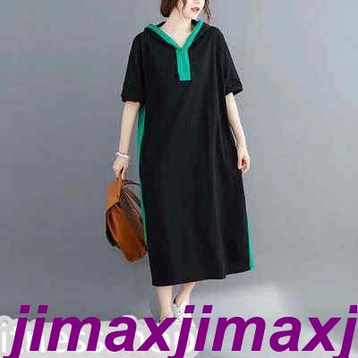 新生活 パーカーワンピース レディース 半袖 フード付き ロング丈 バイカラー切り替え ゆったり 大きいサイズ 着痩せ オシャレ カジュアル 通勤 通学 夏 新作