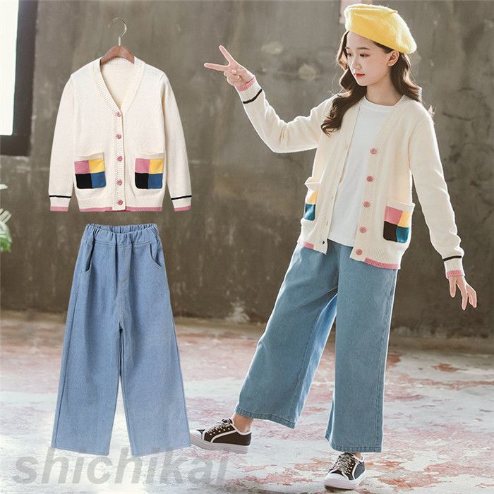 セットアップ 子供服 長袖 女の子 ニット 上下セット 2点セット トップス こども服 デニムパンツ ニット 無地 カーディガン ゆったり セーター ロングパン...
