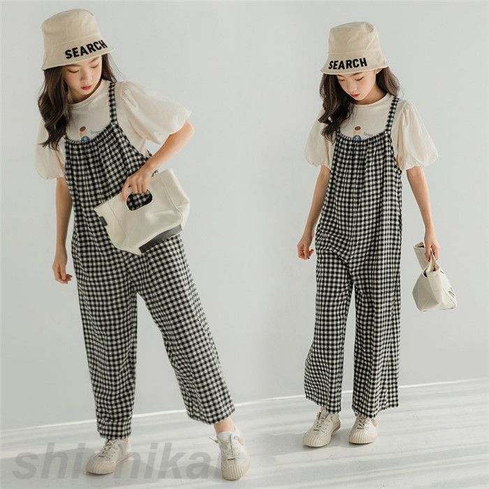 セットアップ サロペット 子供服 2点セット Tシャツ+サロペット チェック柄キッズ 女の子 韓国子供服 上下セット ワイドパンツ 半袖 Tシャツ シフォン ロングパンツ ロングパン 春夏 通学着 通園着 こども子供の日