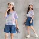 セットアップ 子供服 キッズ 女の子 2点セット 半袖 デニムパンツ シャツ+3分ズボン カジュアル パンツセット 春夏着 上下セット 短パンツ 小学生 通学着 可愛い子供服 女の子 安い 100 110 120 130
