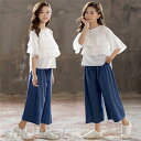 子供服 セットアップ キッズ 女の子 2点セット 半袖 デニムパンツ シャツ+9分ズボン カジュアル パンツセット 春夏着 上下セット ワイドパンツ 小学生 通学着 可愛い子供服 女の子 安い 100 110 120