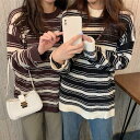 ニットセーター レディース セーター ボーダー柄 ニットトップス ゆったり クルーネック ニット 長袖 レトロ ボーダー柄セーター お洒落 プレゼント