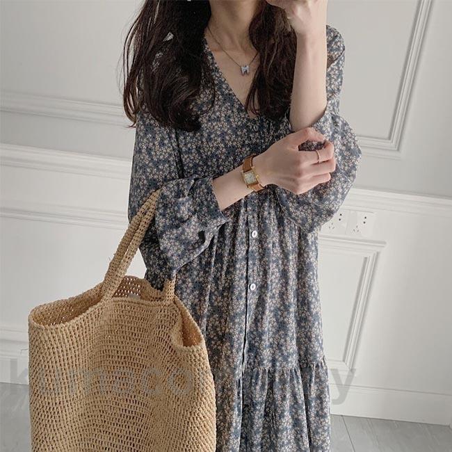 シフォンワンピース 長袖 レディース 花柄ワンピース Vネック ワンピース 春 ロングワンピ 柄ワンピ 秋 長袖ワンピース ドレス チュニック