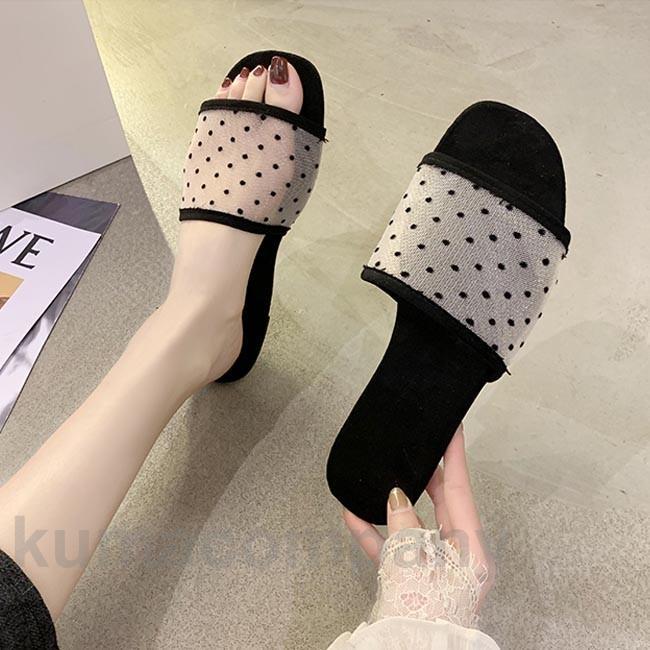 サンダル レディース ミュール 水玉柄 チュールサンダル スリッパ サマーサンダル スクエアトゥ ドット柄サンダル 夏スリッパ レトロ