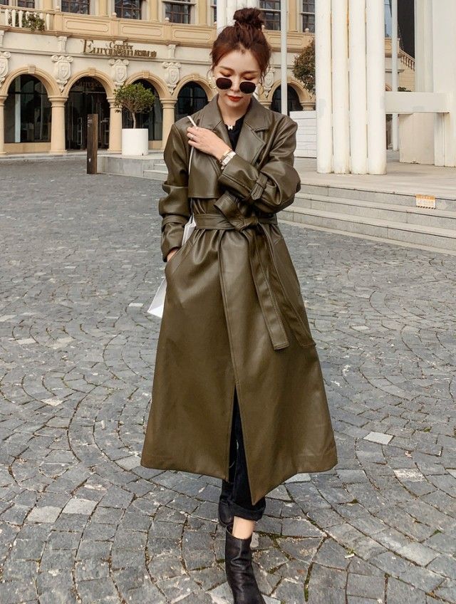 レザーコート レディース トレンチコート フェイクレザージャケット ロング アウター 春 秋 大きいサイズ ウエストマーク ウエストベルト PUレザー 韓国 ファッション 20代 30代 40代 バレンタイン 2023 プレゼント