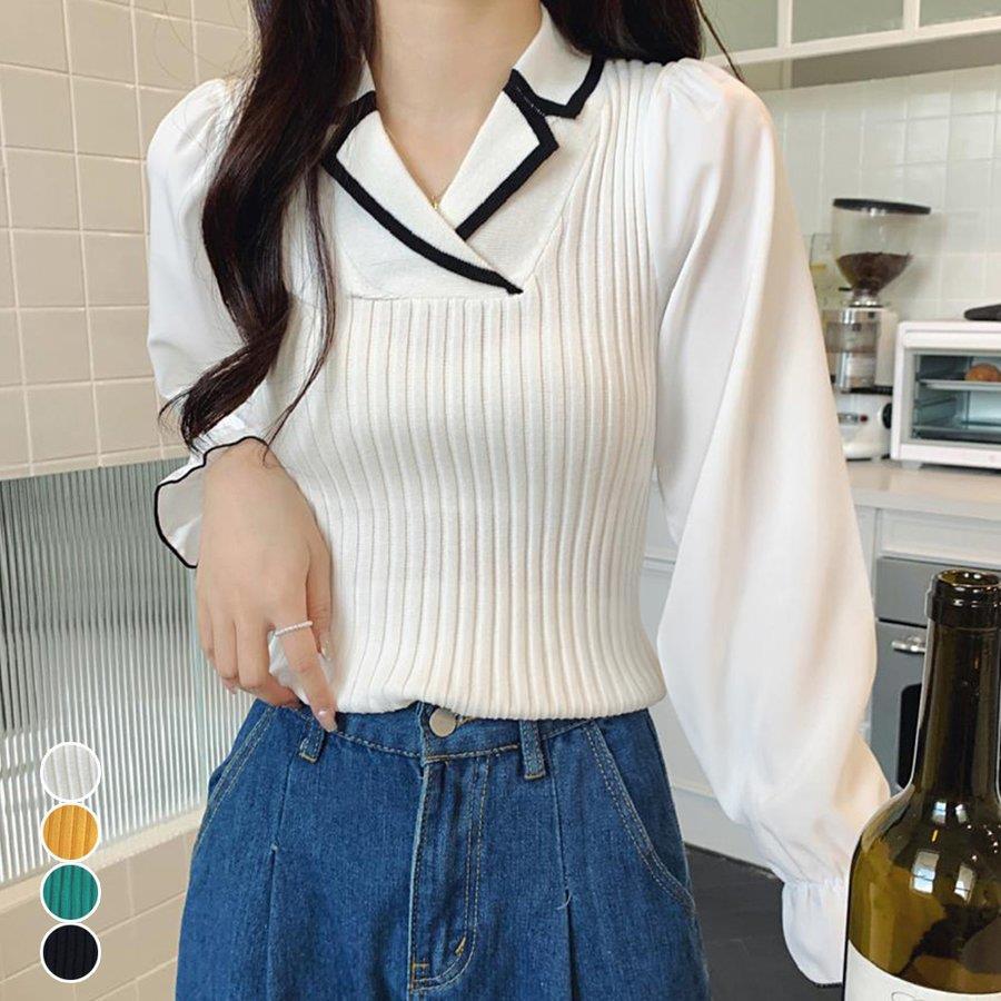 袖切り替え ニットトップス 韓国 秋服 バレンタイン 2023 プレゼント