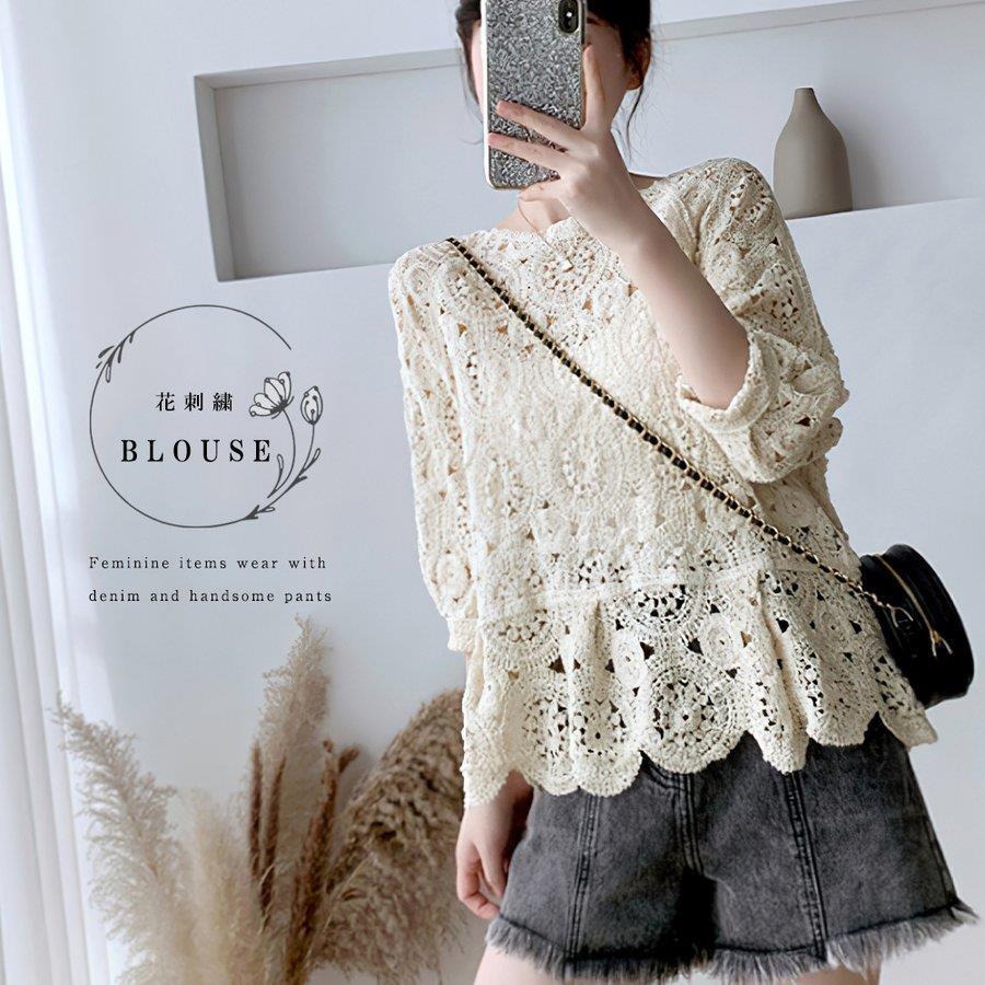透かし編み トップス レディース5分袖 シースルーカットソー かぎ編み ブラウス 花刺繍 プルオーバー 透け感 春夏 バレンタイン 2023 プレゼント