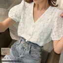 柄レース ブラウス レディース 2点セット キャミソール付き 透け感 白シャツ Vネック トップス 春夏 きれいめ バレンタイン 2023 プレゼント(4)