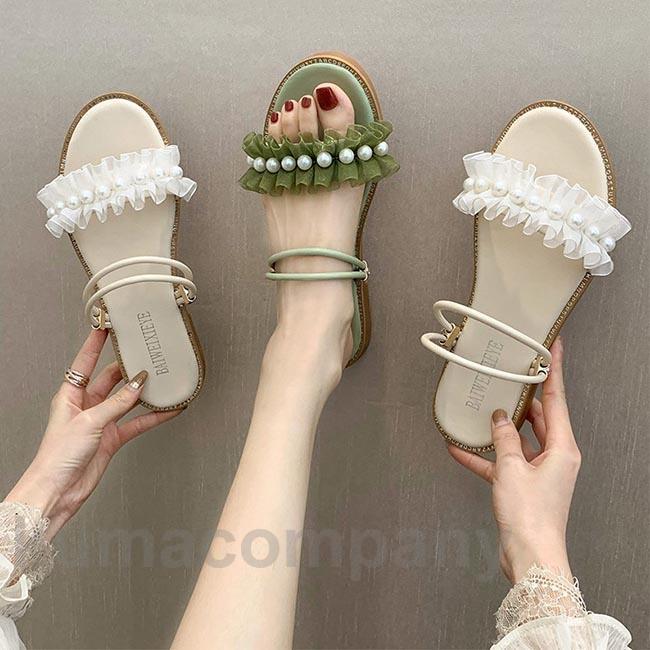 サンダル 夏 レディース サマーサンダル パール 夏サンダル ぺったんこ 姫系 チュールフリル サマーシューズ 婦人靴 夏 森ガール レトロ 靴