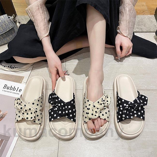 ビーチサンダル 厚底 レディース サンダル 水玉柄 ビーサン スリッパ 前あき 蝶結び 厚底サンダル ドット柄 レトロ 厚底ビーサン 滑り止め