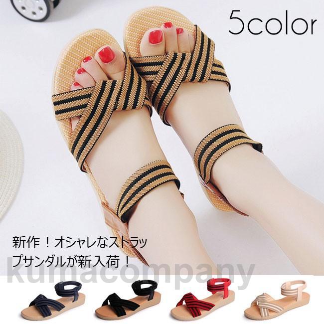 ストラップサンダル ペタンコサンダル トング レディース 靴 サンダル ボーダー柄 フラット 歩きやすい らくちん 2023夏新作
