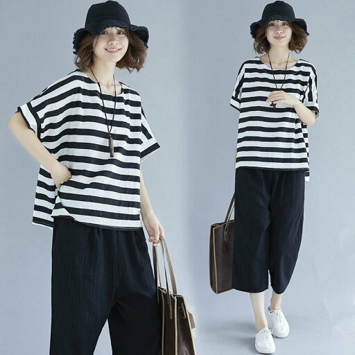 セットアップ 森ガール レディース ボーダーTシャツ パンツ サルエルパンツ 七分丈 体型カバー ゆたり 大きいサイズ カジュアル 30代40代50代 バレンタイン 2023 プレゼント セットアップ 森ガール レディース ボーダーTシャツ パンツ サルエルパンツ 七分丈 体型カバー ゆたり 大きいサイズ カジュアル 30代40代50代 バレンタイン 2023 プレゼント