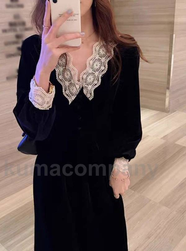 ワンピース レディース ロング Aライン きれいめ 長袖 ロングワンピース 結婚式 お呼ばれ ドレス レース 黒 大きいサイズ 大人可愛い 韓国 ファッション ガーリー 20代 30代 40代