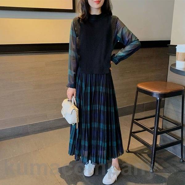 ドッキングワンピース ワンピース 長袖 ロング マキシ丈 マキシワンピース 切り替えワンピース チェ