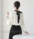 バックリボン バイカラー ブラウス レディース 長袖 ボウタイブラウス プルオーバー トップス 春 秋 2Way 通勤服 オフィス バルーンスリーブ きれいめ ...