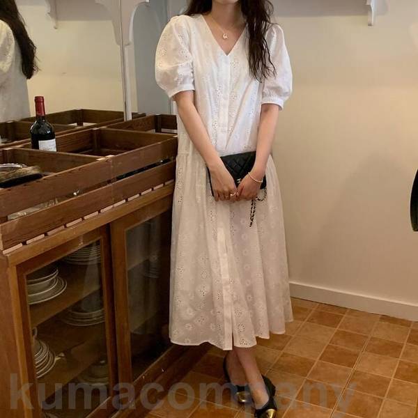 パフスリーブ ワンピース ドレス 袖あり カットワーク レース レディース きれいめ カジュアル おしゃれ 半袖 大人 可愛い フェミニン ミモレ丈 ゆったり 体型カバー シャツワンピ 韓国 ホワイト 白 春 秋 夏 20代 30代