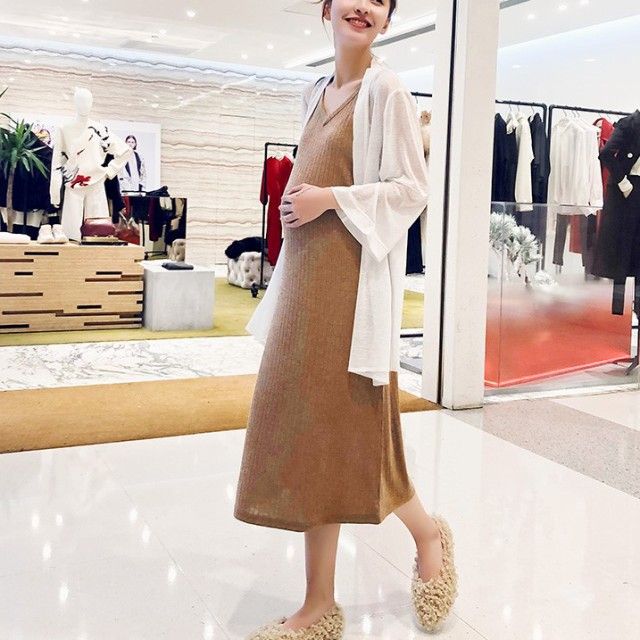 マタニティ ワンピース 大きいサイズ 夏 秋 2点セット ノースリーブ ロング丈 Vネック 長袖カーディガン 妊婦 ゆったり おしゃれ シアーカーディガン リブ...