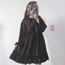 ワンピース ゴスロリ ロリータ ワンピース フリル Lolita ワンピース お嬢様 膝丈 長袖 森ガール 洋服 ドレス ゆったり きれいめ 少女 原宿系 通学 可愛い イベント衣装 学園祭 春秋 仮装 パーティ お花見 ブラック