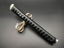 日本刀装具 大刀柄 新品 長さ約30CM 菊縁頭 牡丹目貫 黒本鮫皮 木柄 黒色革巻 目釘付き 居合道具 刀剣美術