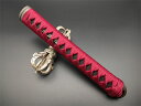 日本刀装具 大刀柄 新品 長約26CM 一字紋縁頭 悪鬼目貫 黒本鮫皮 木柄 赤色綿巻 目釘付き 居合道具 刀剣美術(4)
