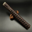 日本刀装具 大刀柄 新品 長約30CM 牡丹縁頭 牡丹目貫 黒本鮫皮 木柄 深茶色革巻 目釘付き 居合道具 刀剣美術
