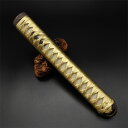 日本刀装具 大刀柄 新品 長約26CM 梵字縁頭 法具目貫 白本鮫皮 木柄 金色革巻 目釘付き 居合道具 刀剣美術