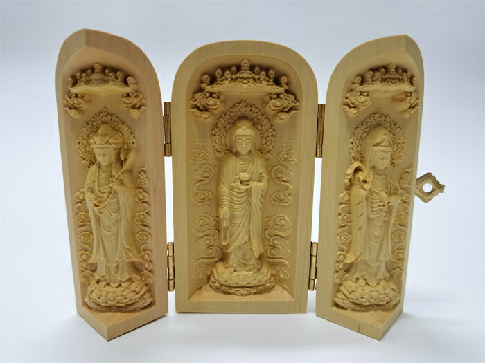 三開仏像　木彫り置物　西方三聖　阿弥陀　勢至　観音　ミニ仏壇　仏箱仏龕　柘植の木
