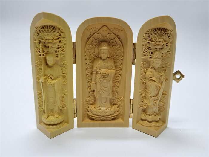 三開仏像　木彫り置物　婆娑三聖　釈迦　地蔵　観音　ミニ仏壇　仏箱仏龕　柘植の木