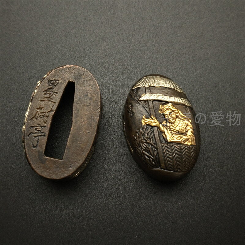 日本刀装具　縁頭　婦人の図　銅地　絵金銀　刀剣美術　武道具　居合
