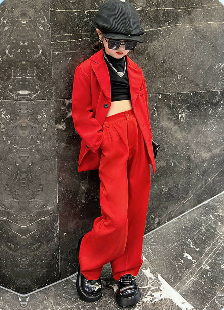 ダンス衣装 セットアップ 赤 黒 ヒップホップ k-pop キッズ 衣装 ブレザー ワイドパンツ へそ出しトッ..
