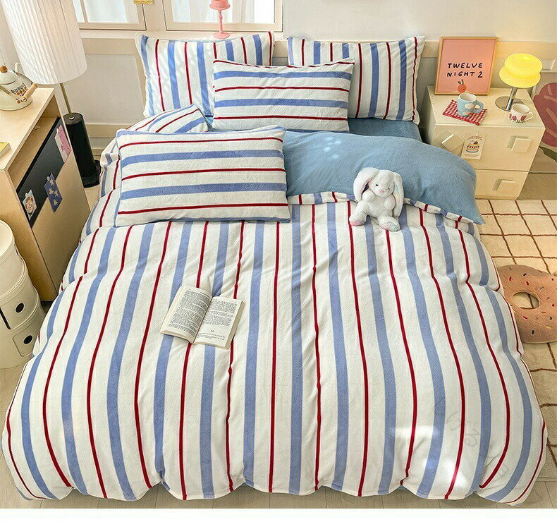 布団カバーセット ストライプ柄 高級風 厚手フランネル 冬用 柔らか シングル ダブル クイーン 3点セッ..