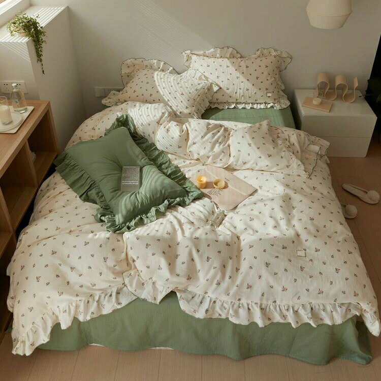 布団カバーセット 白 グリーン 花柄 フリル 韓国風 オシャレ 寝具カバーセット 3点セット 4点セット 掛..