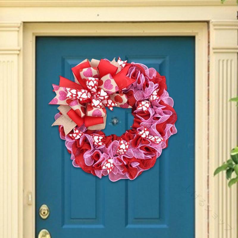 愛を飾る手作り感 バレンタイン限定黄麻リース 自然素材の温もりある贈り物 玄関を華やかに彩る弓型デ..