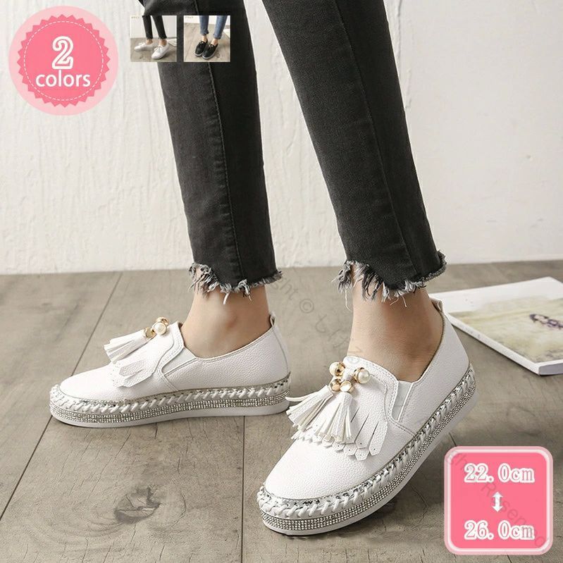 レディース フリンジ タッセル 靴 スニーカー フラット ぺたんこ キラキラ 黒 白 ホワイト スリッポン ..
