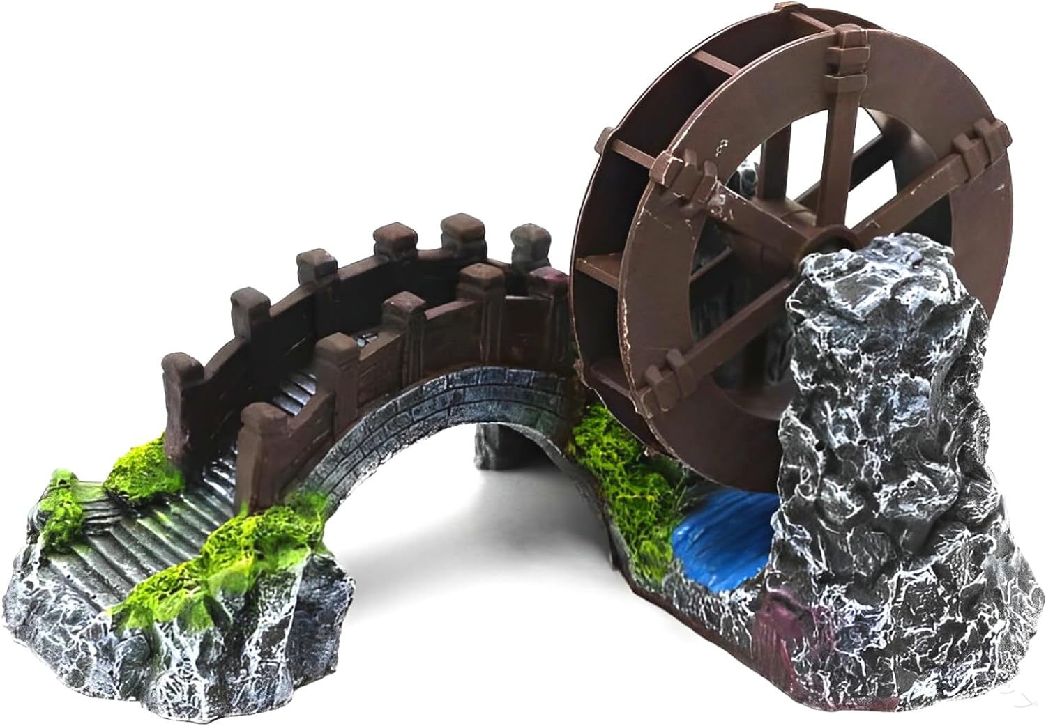 クアリウム 太鼓橋 水車 回る 和風 隠れ家 シェルター リアル 水槽 オブジェ アクアリウム用装飾品 和風デザイン 水中景観演出 360度回転水車付き
